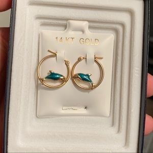 Gold and blue dolphin hooped earrings